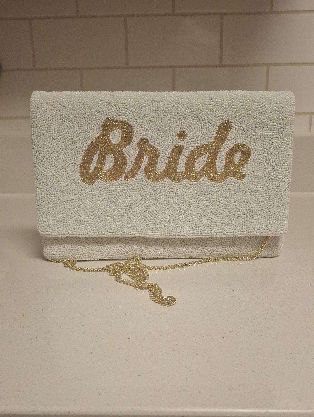 Bit & Bridle White Beaded Clutch with Gold 'Bride' Script